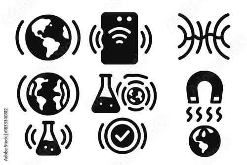 Magnetic Field Icons. Solid style icons of natural vs artificial magnetic fields: Earth with natural lines, device with synthetic