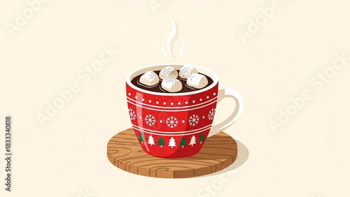 Delightful hot chocolate with marshmallows in festive mug, a cozy winter treat to warm your heart, perfect for holiday season designs and cheerful greetings