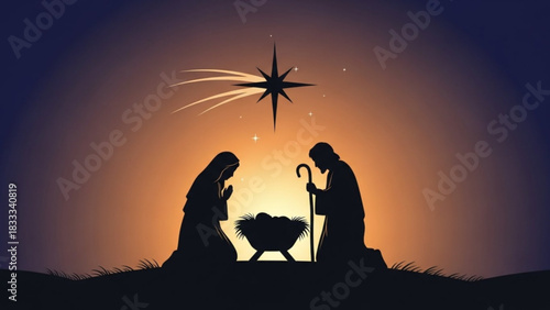 Inspiring silhouette of the Nativity scene with Mary, Joseph and baby Jesus under the Star of Bethlehem, perfect for Christmas cards and seasonal designs