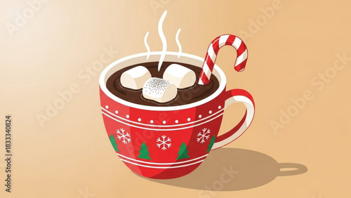 Cozy up with this festive mug of hot chocolate topped with marshmallows and a candy cane, perfect for winter holidays and sweet seasonal treats