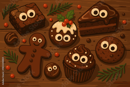 Festive Chocolate Desserts. Playful arrangement of festive vector illustration chocolate desserts decorated with googly eyes on a