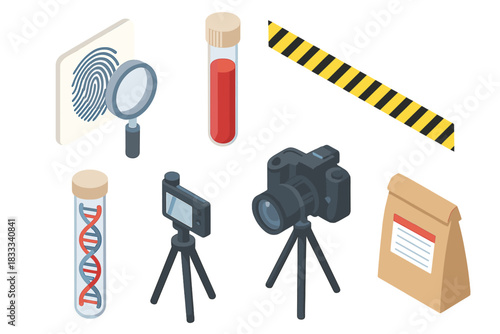 Isometric Forensic Tools. Isometric vector illustration set Forensic science: fingerprint with magnifying glass, blood sample in
