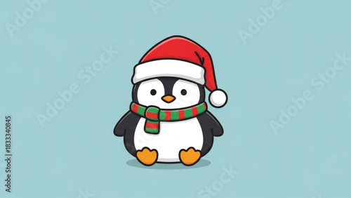 Festive cartoon penguin wearing a Santa hat and striped scarf brings holiday cheer and cuteness to your designs this Christmas season, perfect for cards