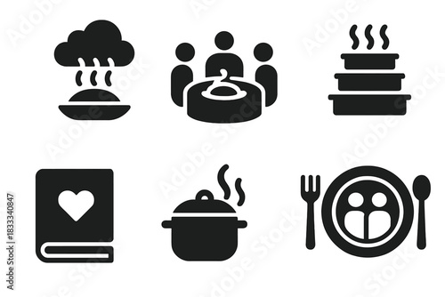 Food Memories Icons. Solid style icons of food memory and storytelling: steaming dish with memory cloud, family meal icon, layered