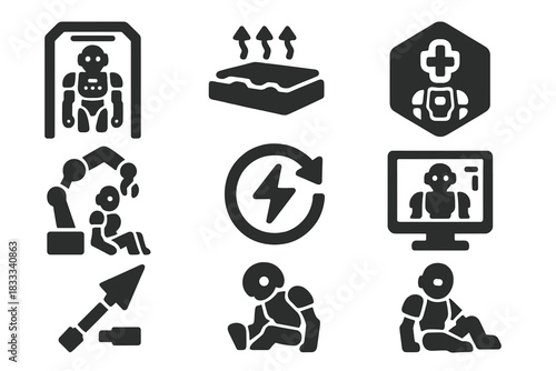 Post-Match Repair Icons. Solid style icons of post-match repair zones: recovery booth icon, cooling panel slab, diagnostics dock