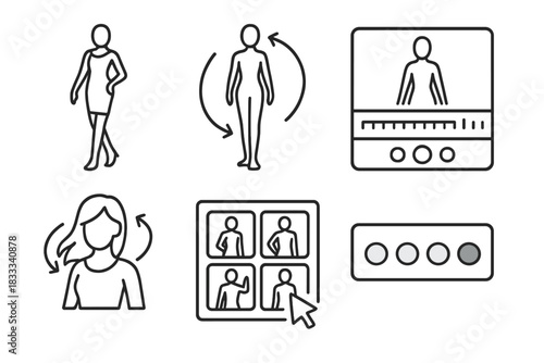 Digital Fashion Icons. Line style icons of digital fashion models: stylized avatar pose, rotating 3D figure, animation timeline