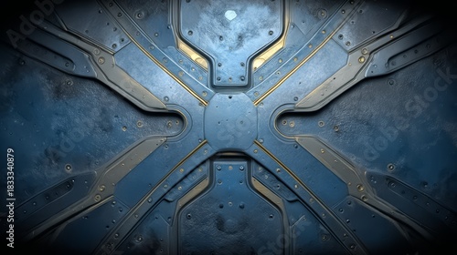 Fototapeta Naklejka Na Ścianę i Meble -  Blue and silver metal cross with gold accents. The image is of a futuristic space station. The metal is shiny