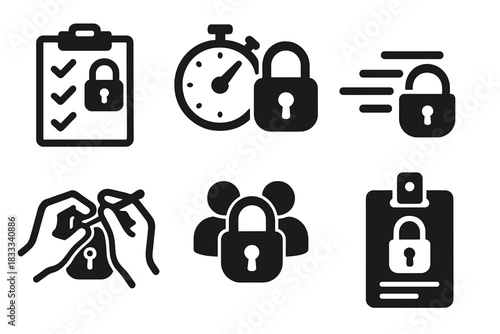 Competitive Lockpicking Icons. Line style icons of Competitive Lockpicking: lock type checklist, timed challenge icon, fast motion