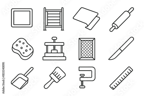 Papermaking Tools Icons. Line style icons of papermaking tools: wooden frame, drying rack, felt, rolling pin; sponge, press plate,