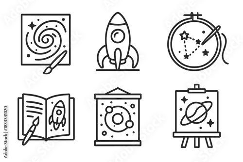 Space-Themed Artistic Icons. Line style icons of space-themed arts and creativity: galaxy watercolor, clay rocket model,