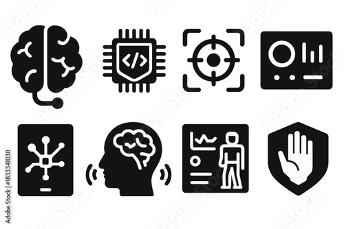 AI Control Icons. Solid style icons of AI control interfaces: neural link icon, command chip badge, targeting HUD panel. AI