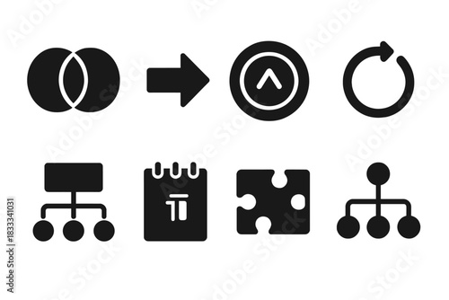 Symbolic Logic Icons. Solid style icons of symbolic logic and reasoning: Venn diagram glyph, logical arrow icon, formula badge.