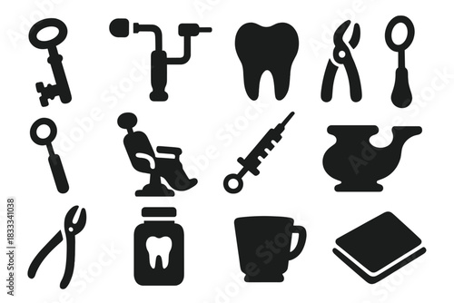 Vintage Dentistry Icons. Solid style icons of Vintage Dentistry: Tooth Key, Drill, Molar, Forceps, Mouth Mirror, Dental Chair,