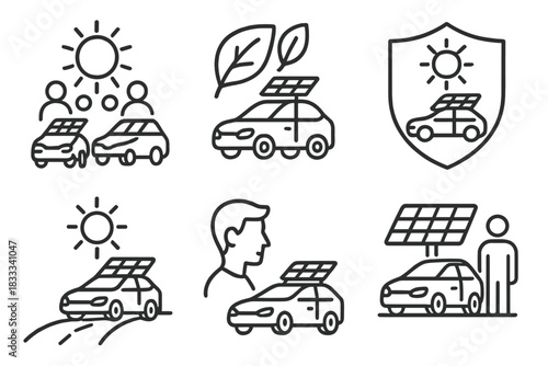 Solar Vehicle Icons. Line style icons of solar-powered vehicle culture: solar vehicle meetup, green driving club, eco travel badge
