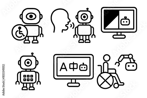 Inclusive Robotics Icons. Line style icons of inclusive robotics: robot with accessibility mode, voice control for impaired users,