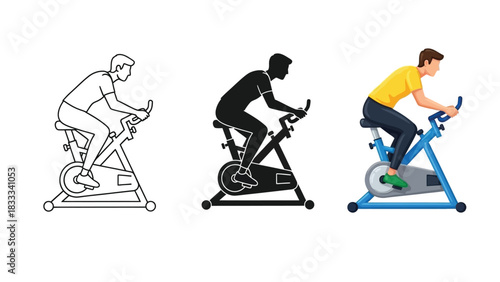 Set of three illustrations depicting a man cycling an exercise bike in outline, silhouette and full color versions