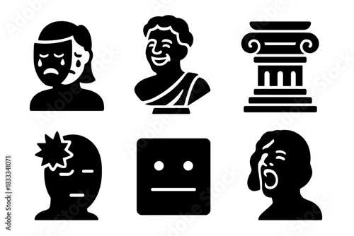Emotional Meme Icons. Solid style icons of emotional meme reactions: crying bust with mask, laughter-through-pain statue, layered