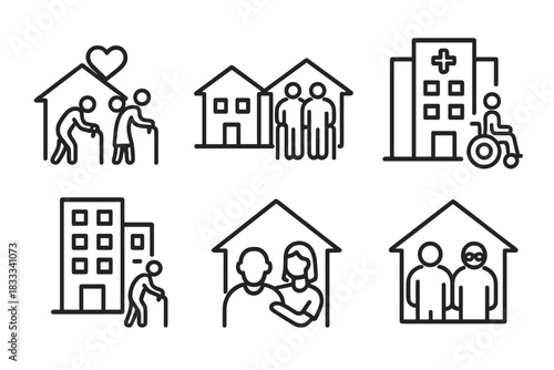 Senior Housing Icons. Line style icons of housing for seniors: assisted living home, retirement village, nursing facility icon,