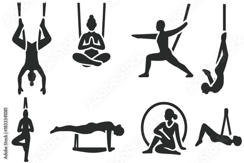Gravity Yoga Icons. Solid style icons of gravity yoga poses: inverted hanging pose, aerial lotus stretch, hammock warrior icon.