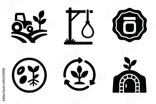Survival Strategy Icons. Solid style icons of long-term survival strategies: farming glyph, animal snare icon, preservation badge.