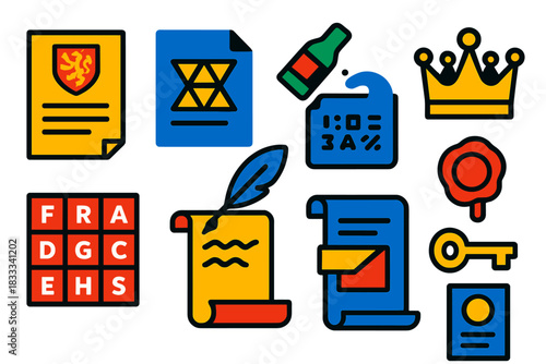 Mary Stuart Icons. Flat vector icons of codes of Mary, Queen of Scots: royal letter, coded parchment, secret ink, wax seal, crown