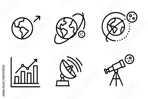 Near-Earth Objects Icons. Line style icons of Near-Earth Objects: Earth with approach arrow, close flyby trajectory, orbital path