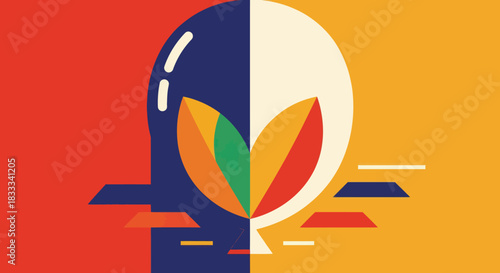 Abstract Alien Head with Colorful Leaves Illustration.