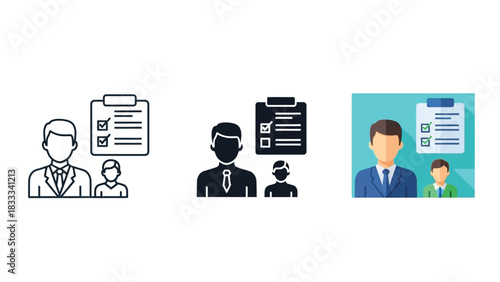 Set of three icons representing candidate selection, job interview, or employee evaluation process with checklist and people in different styles