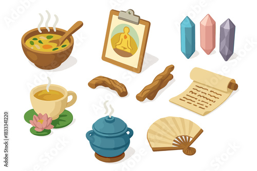 Traditional Healing Essentials. Isometric vector illustration set of Traditional medicine: healing soup bowl, ayurvedic diagnosis