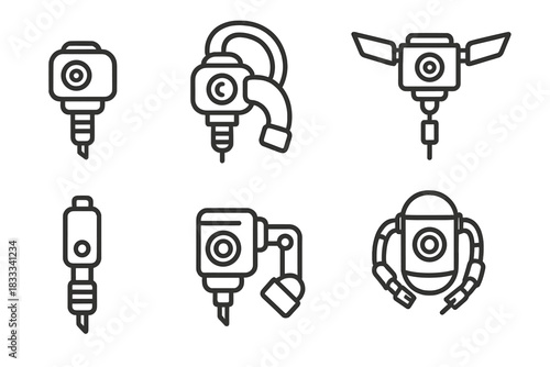 Modular Tattoo Bots. Line style icons of modular tattoo bots: portable mini tattoo bot, shoulder-mounted tattoo unit, back-mounted