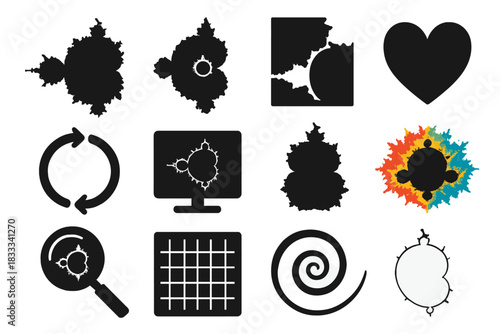 Mandelbrot Fractal Icons. Solid style icons of Mandelbrot set: fractal bulb, zoomed fractal detail, recursive border, abstract