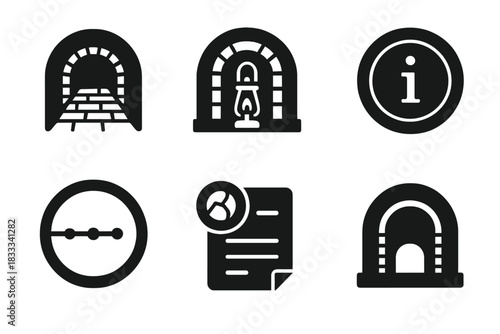 Historic Tunnel Icons. Solid style icons of historical tunnel walks: brick path glyph, lantern trail icon, info badge. Storyline