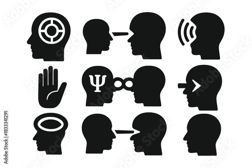 Telepathic Icon Set. Solid style icons of telepathic command systems: mental targeting glyph, order issue beam, authority wave
