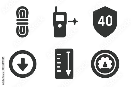 Cave Exploration Tools Icons. Solid style icons of cave depth and measurement tools: rope length glyph, laser ruler icon, depth