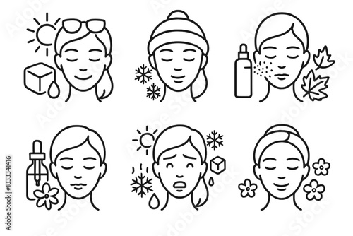 Seasonal Cryo Facial Icons. Line style icons of seasonal cryo facials: summer chill-down face, winter frost spa icon, autumn skin