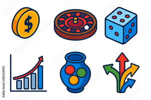 Colorful Chance Icons. Isometric vector illustration set Mixed Strategies: coin flip, roulette wheel, dice roll, probability graph