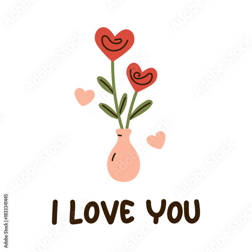 Vector i love you card with cute heart flower bouquet in pink vase and small hearts on white background. Romantic floral illustration for Valentines day greeting, wedding and holiday gift design.