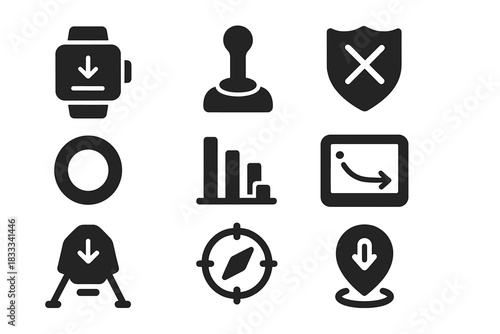 Personal Descent Control Icons. Solid style icons of personal descent control: wrist console glyph, control joystick icon,
