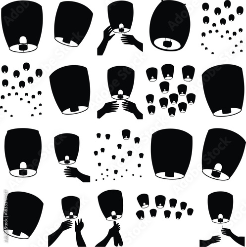 Collection of black silhouettes of sky lanterns in various stages of flight