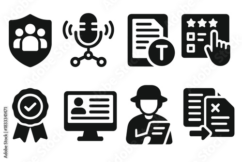 Decentralized Media Icons. Solid style icons of decentralized media DAOs: community-run news badge, podcast DAO icon, article