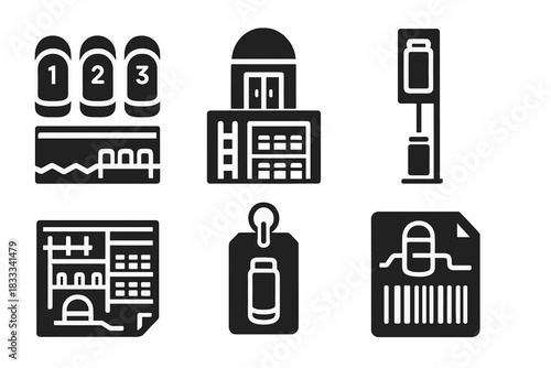 Cryo Storage Icons. Solid style icons of long-term cryo storage units: numbered pod rows, multi-chamber vault, deep freeze stack.