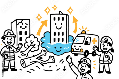 Cheerful Disaster Evaluation. Cheerful doodle disaster impact evaluation with happy emergency responders, cartoon buildings with