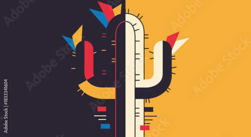 Abstract Geometric Cactus Illustration with Bold Colors and Clean Lines.