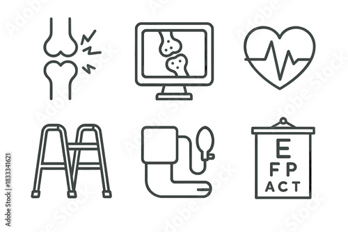 Elderly Health Icons. Line style icons of elderly physical health: arthritis joint icon, bone density scan, heart monitor,