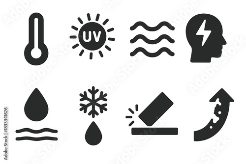 External Condition Icons. Solid style icons of external condition triggers: temperature change, UV light icon, vibration wave.