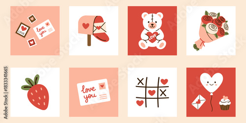 Vector collection of cute Valentines Day illustrations and mini posters. Bear, bouquet, heart balloon, tic tac toe, mail, postcard, cupcake, strawberry, romantic stamps and mailbox.