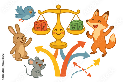 Joyful Decision Journey. Decision-making fair with cheerful scales, laughing dice, pathways shaped like arrows, and animals