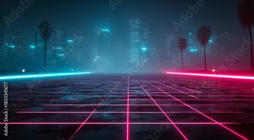 Fototapeta Naklejka Na Ścianę i Meble -  Cityscape with a neon sign that says 