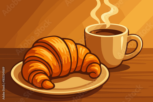 Cozy Croissant Breakfast. Golden croissant resting on a ceramic plate, accompanied by a steaming cup of vector illustration coffee