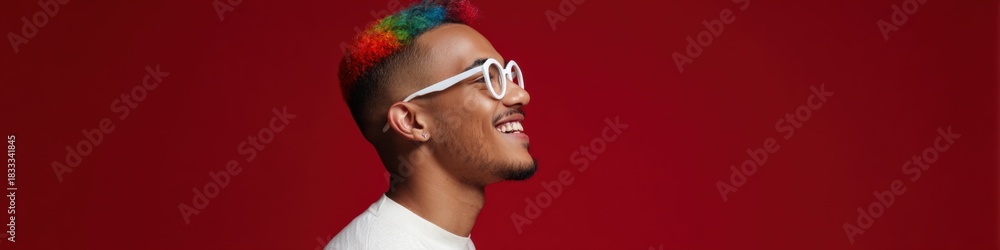 Obraz premium Smiling young african male with colorful hair and glasses in profile view against red background